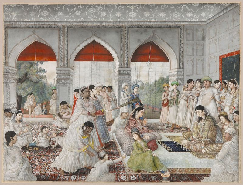 9 Dames de cour jouant aux échecs-peinture-indienne
