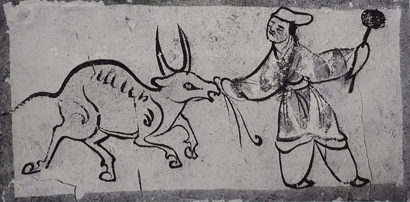 2 Abattage d’un bœuf à la massue  peinture sur brique  passe de JiĿyù  province du GĿnsù